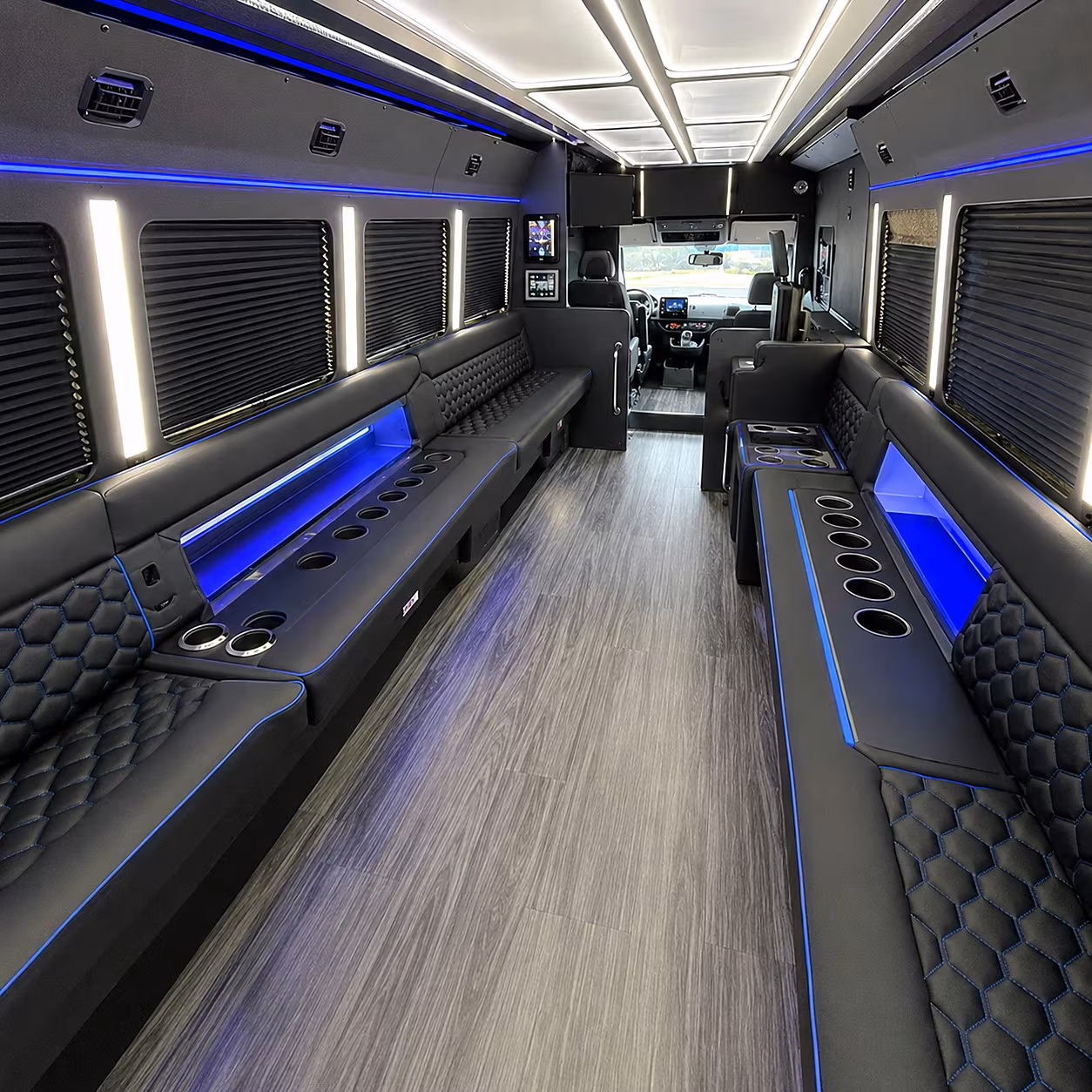 Wedding guests seated inside a party bus serving Tucson